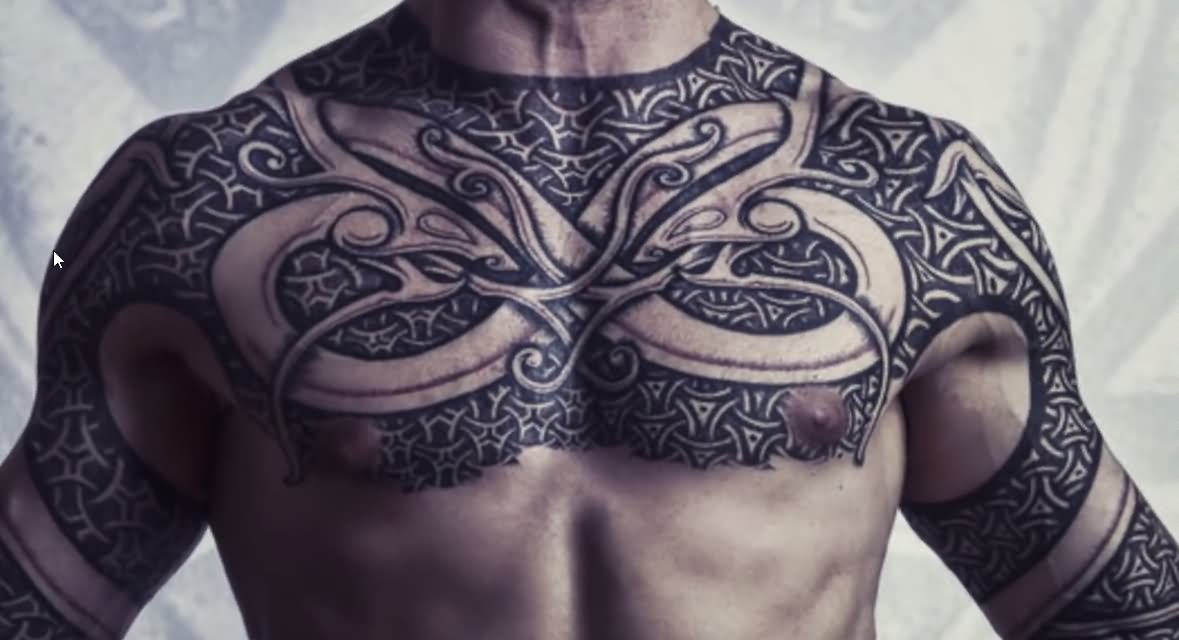 Scandinavian Tattoo On Man Chest And Half Sleeve
