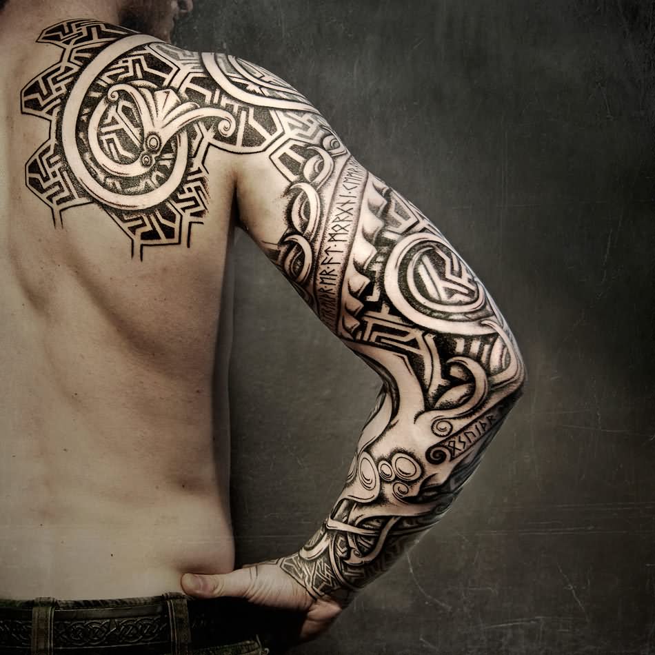 Scandinavian Tattoo On Right Sleeve And Back Shoulder