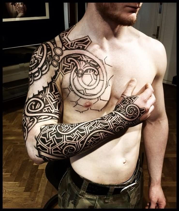 Scandinavian Tattoo On Sleeve And Chest
