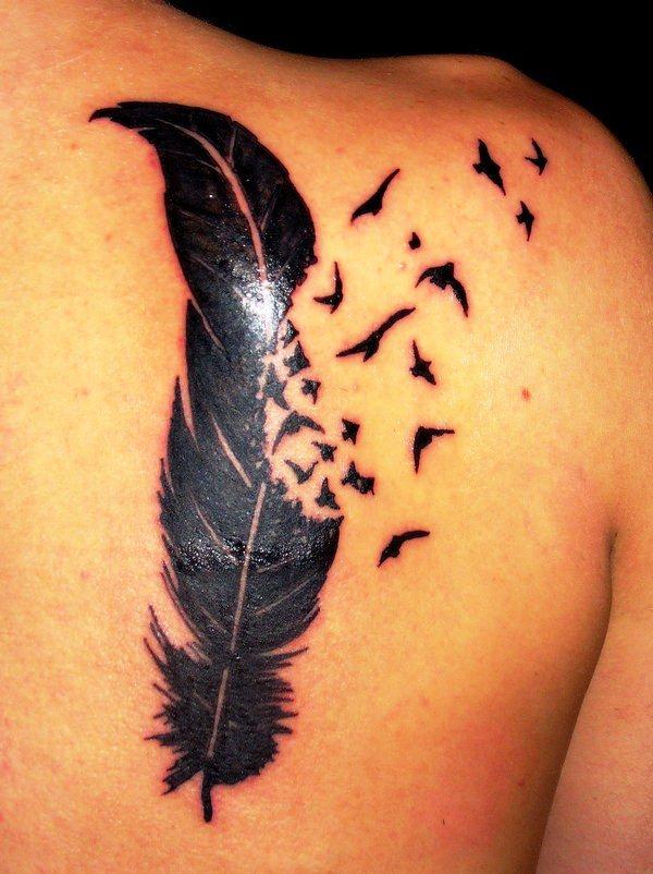 Silhouette Feather Tattoo On Right Back Shoulder