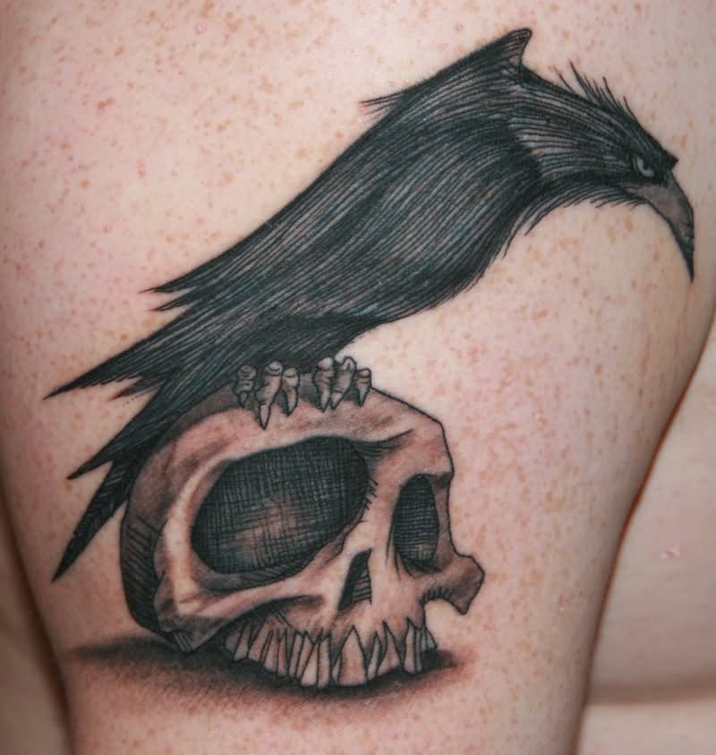Skull And Black Poe Raven Tattoo On Bicep