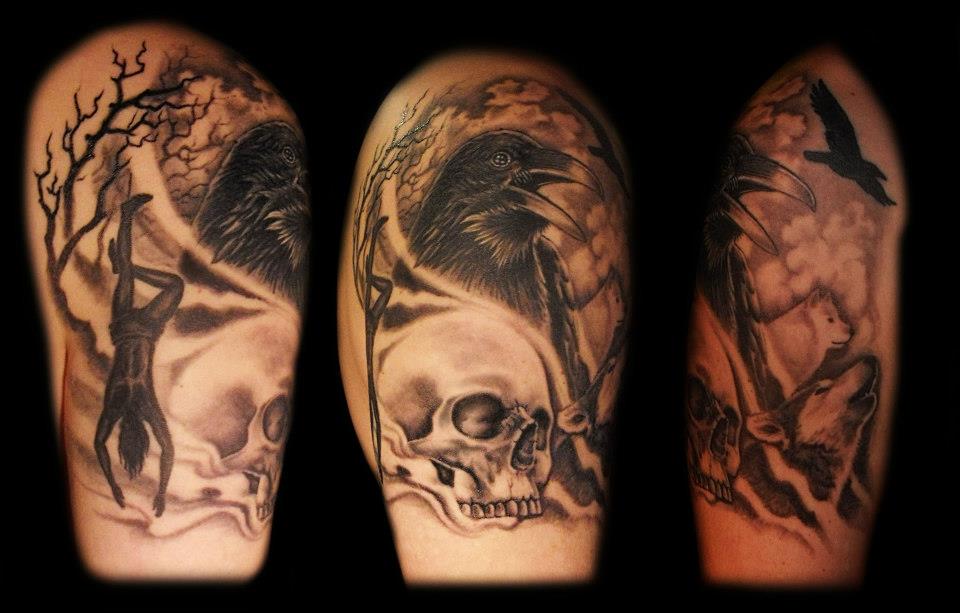 Skull And Hugin And Munin Tattoo On Half Sleeve