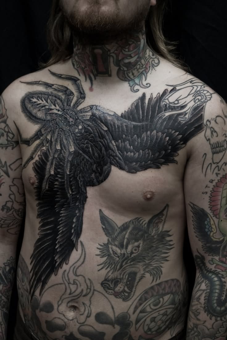 Spider And Black Raven Tattoo On Chest
