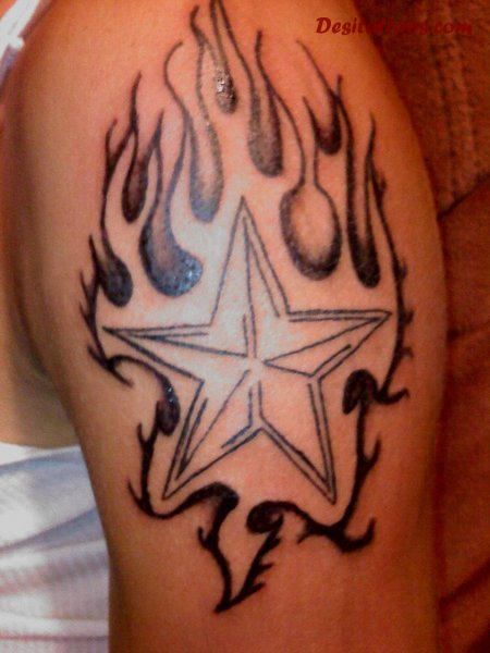 Star In Fire And Flame Tattoo Design For Shoulder
