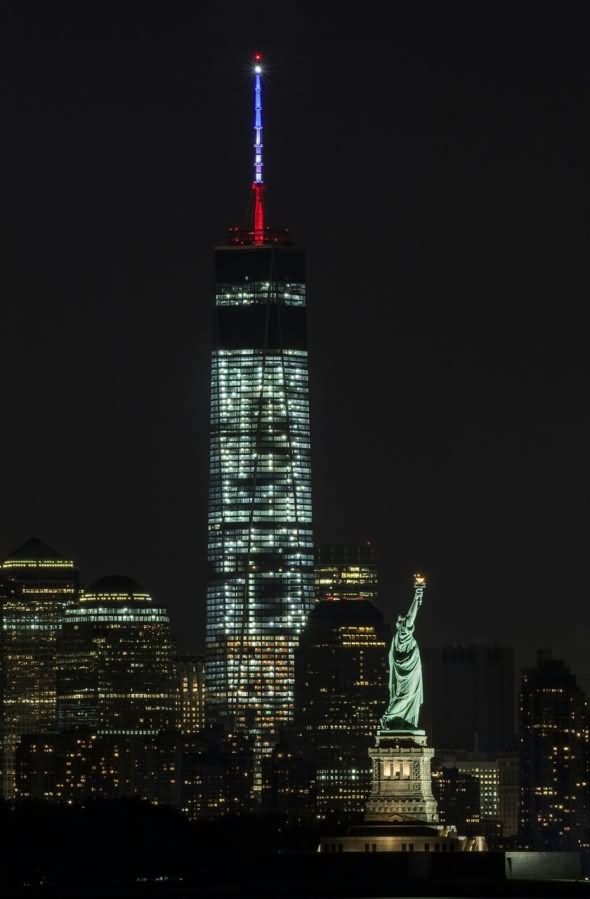 Statue Of Liberty And One World Trade Center At Night