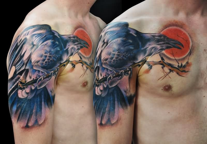 Sun And Poe Raven Tattoo On Right Shoulder