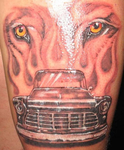 Tiger Eyes And Car Tattoo On Bicep