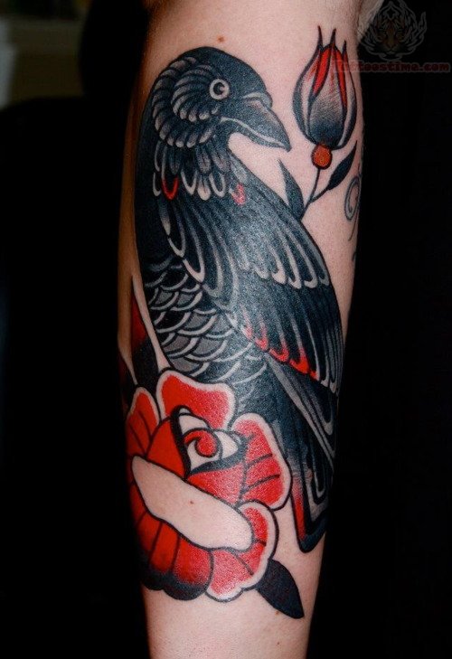 Traditional Raven Tattoo On Arm Sleeve