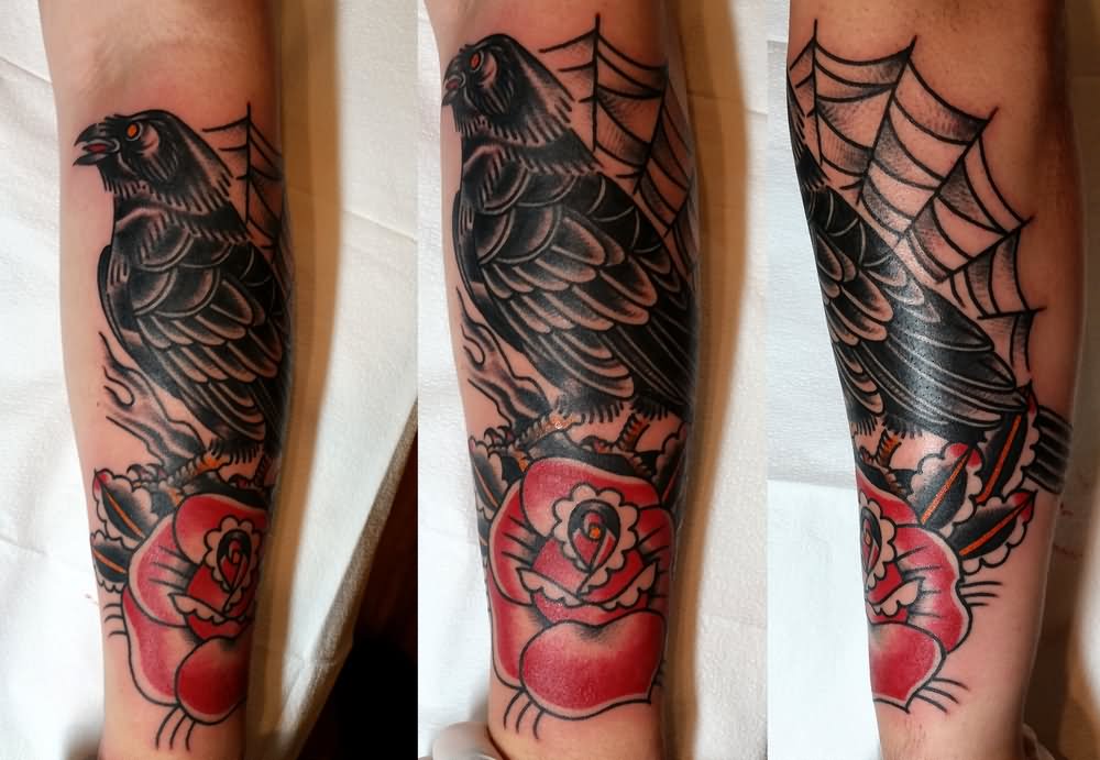 Traditional Raven Tattoo On Forearm