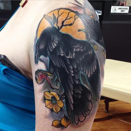 Traditional Raven Tattoo On Left Shoulder