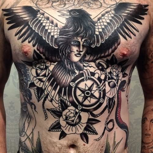 Traditional Raven Tattoo On Man Full Body