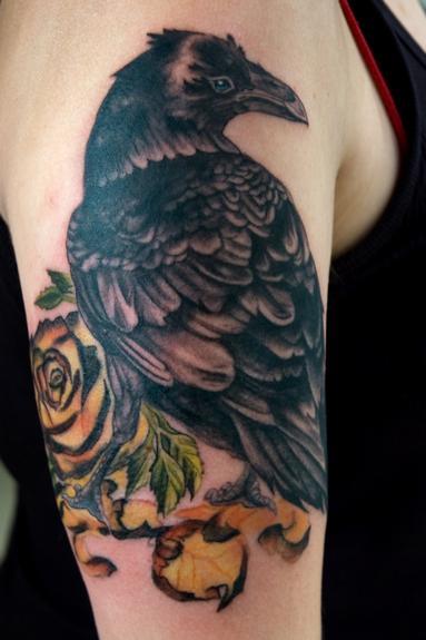Traditional Raven Tattoo On Right Bicep