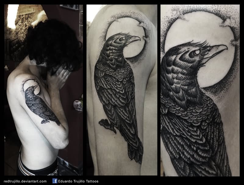 Traditional Raven Tattoo On Right Half Sleeve by Redtrujillo