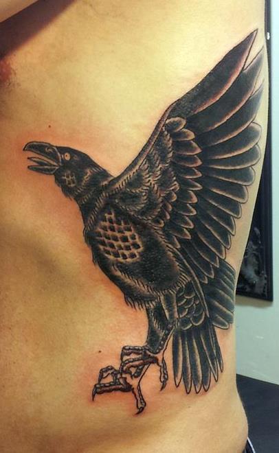 Traditional Raven Tattoo On Side Rib by Skary Guy