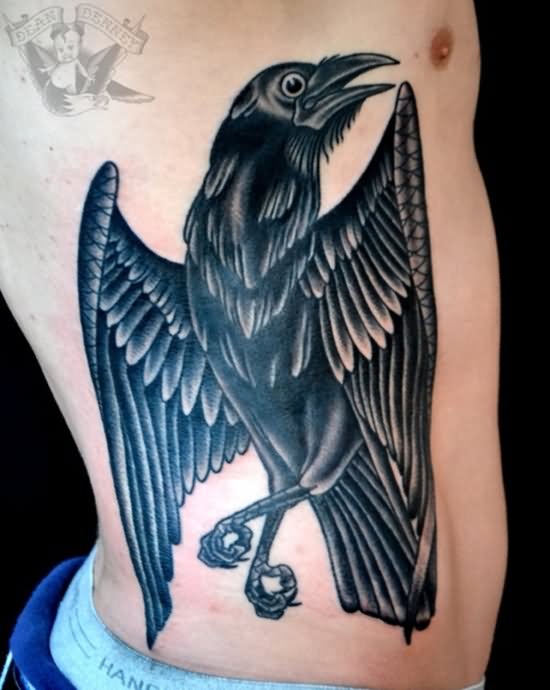 Traditional Raven Tattoo On Side Rib