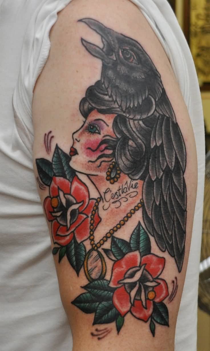 Traditional Raven Tattoo on Left Half Sleeve For Men