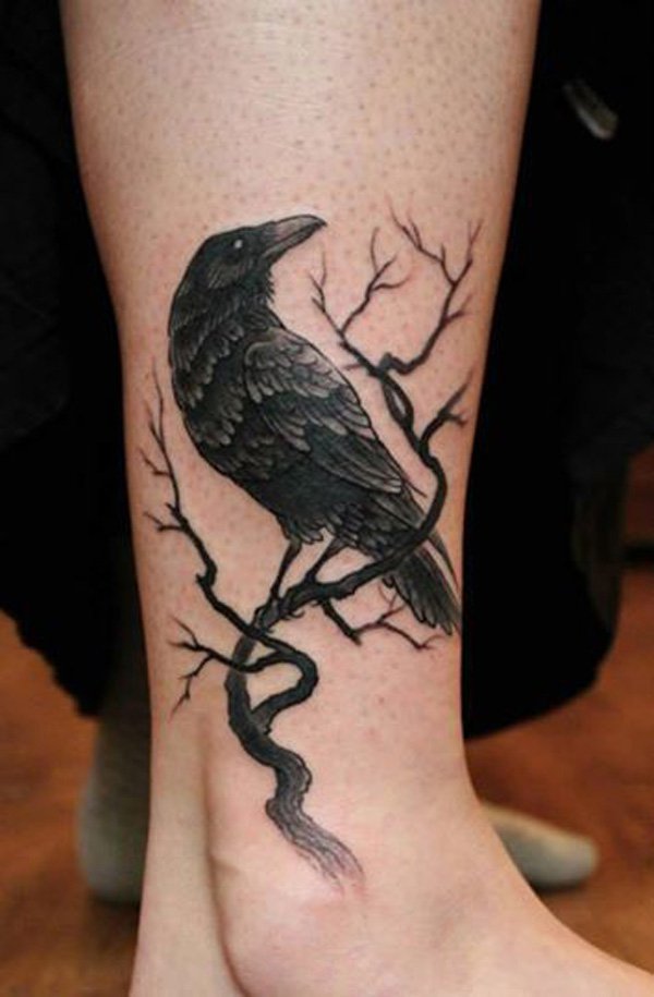 Tree And Odin's Raven Tattoo On Leg