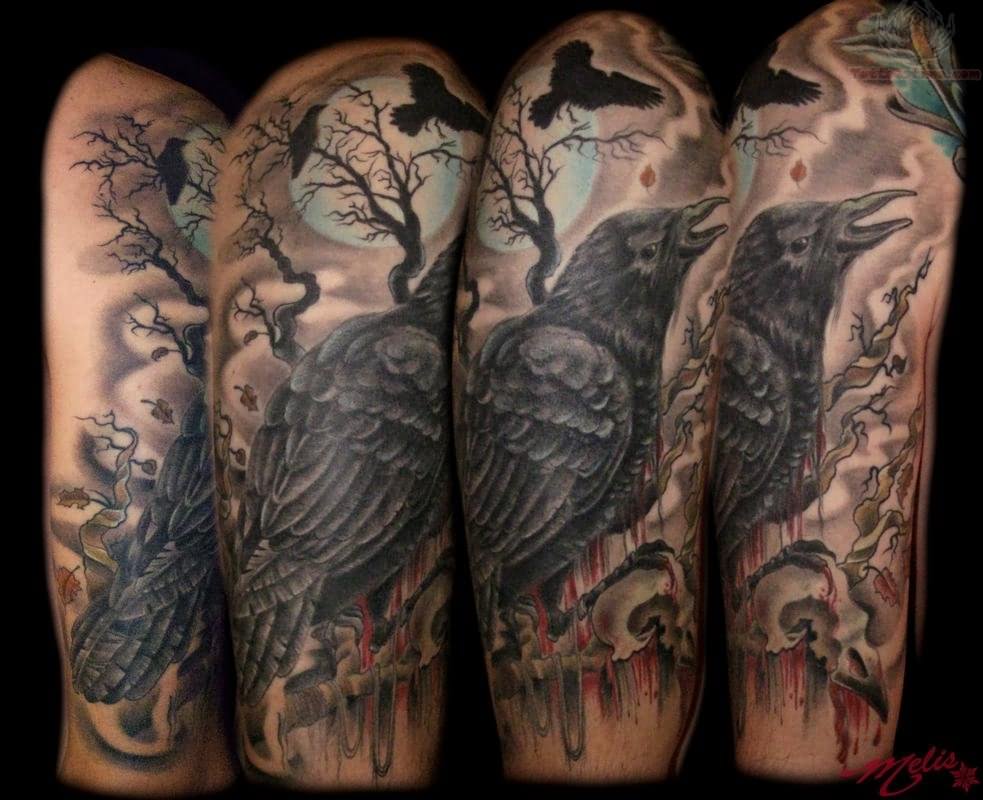 Tree And Raven Tattoo Idea For Sleeve