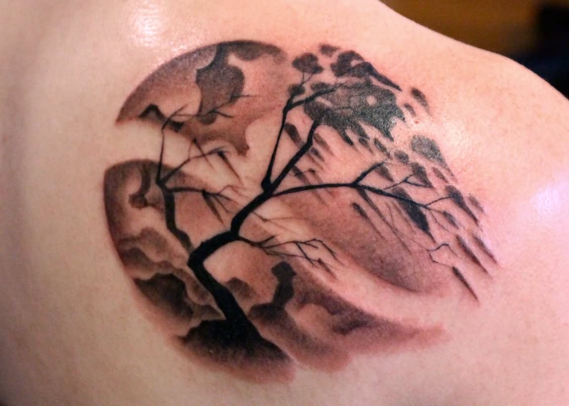 Tree Silhouette Tattoo On Right Back Shoulder by David Morris