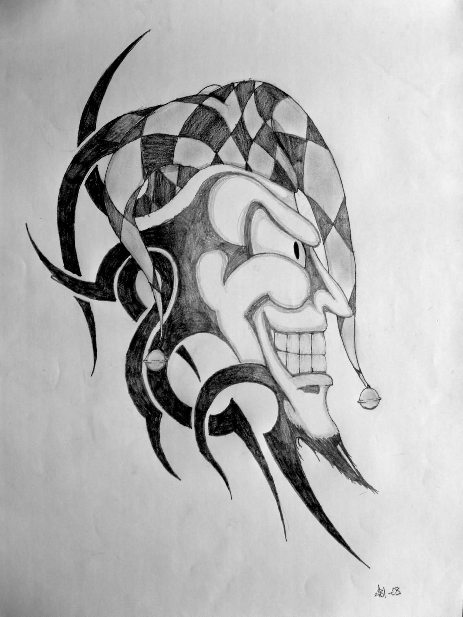 Tribal And Jester Joker Face Tattoo Design