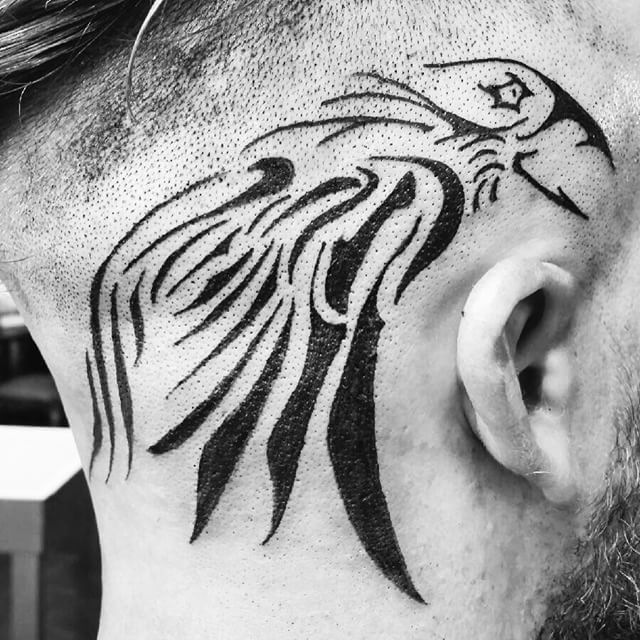 Tribal Norse Raven Tattoo On Head For Men