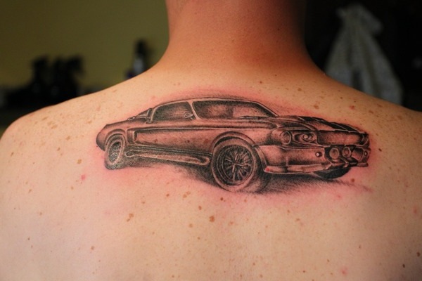Upper Back Grey Ink Car Tattoo