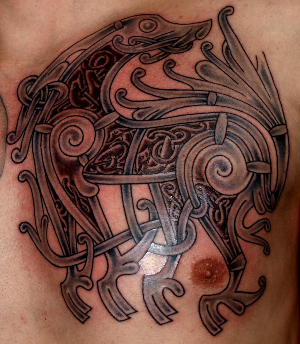 Viking Art Ringerike Beast Tattoo On Chest by Darksuntattoo