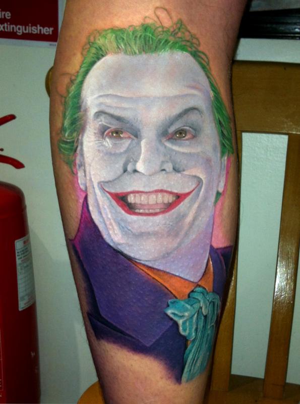 Villain Joker Tattoo On Leg by David Corden