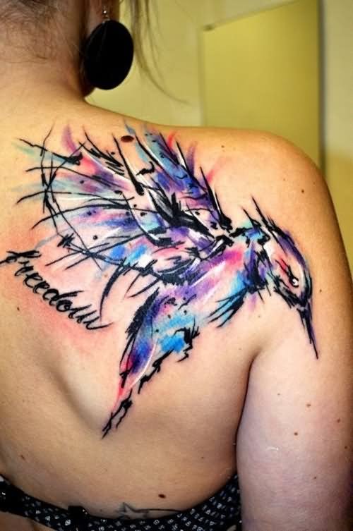 Watercolor Feminine Bird Tattoo On Right Back Shoulder