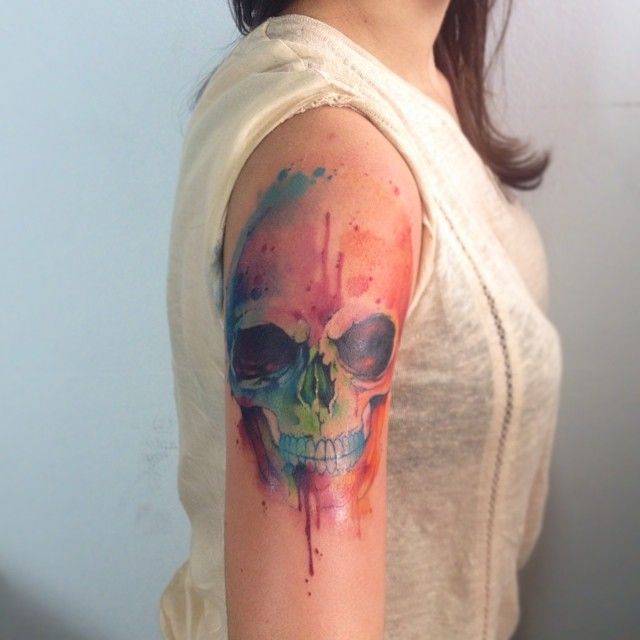 Watercolor Feminine Skull Tattoo On Girl Right Back Shoulder