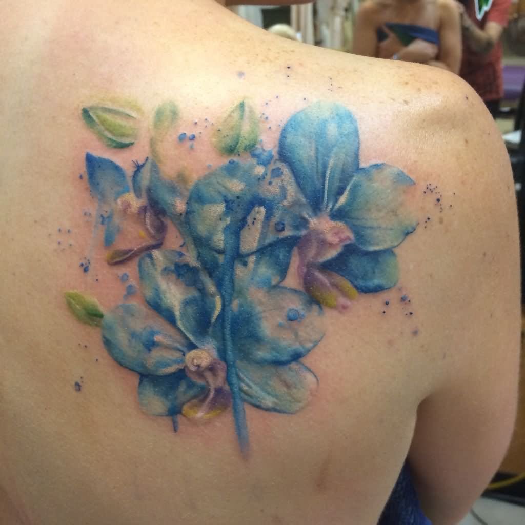 Watercolor Feminine Tattoo On Girl Right Back Shoulder