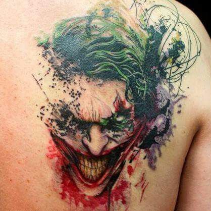 Watercolor Joker Head Tattoo On Right Back Shoulder