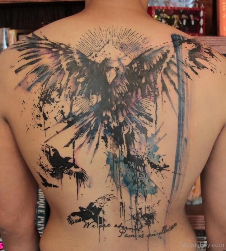 Watercolor Poe Raven Tattoo On Full Back