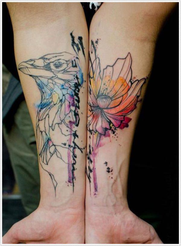 Watercolor Traditional Flower And Raven Tattoos On Forearm