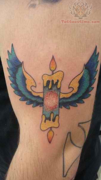 Winged Colored Candle Burning At Both Ends Tattoo on Half Sleeve