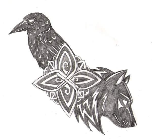 Wolf Head And Norse Raven Tattoo Design