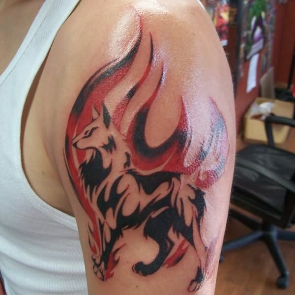 Wolf In Fire And Flame Tattoo Design For Shoulder