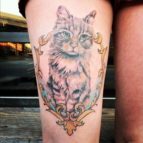 3D Cat In Frame Tattoo Design For Leg
