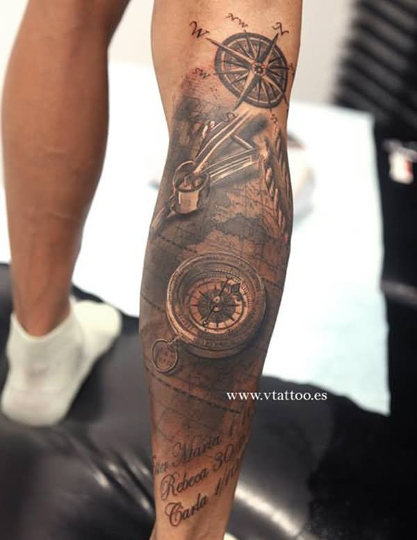 3D Compass With Map Tattoo On Right Leg Calf
