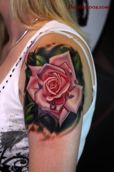 3D Funky Rose Tattoo On Girl Left Shoulder