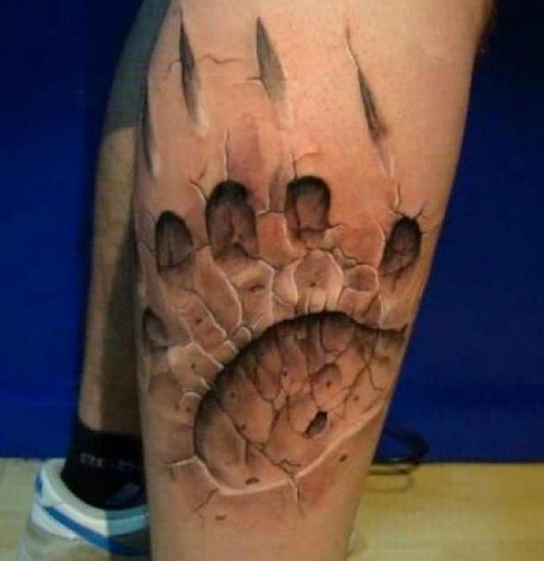 3D Paw Print Tattoo On Right Leg