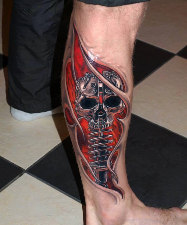 3D Ripped Skin Skull Shocker Tattoo On Right Leg