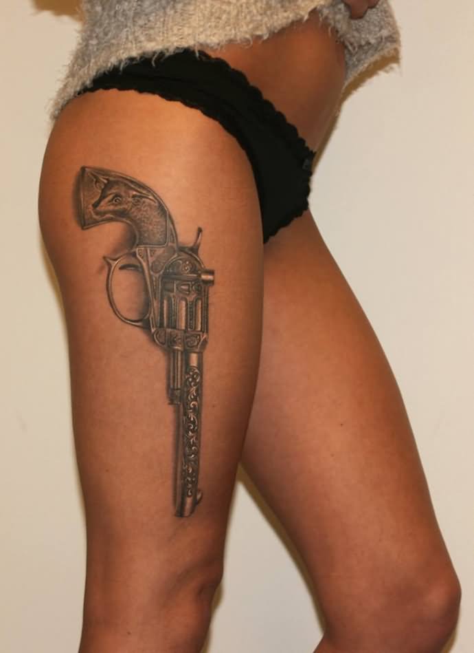 Amazing Black And Grey Gun Tattoo On Girl Right Leg