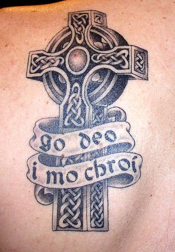 Amazing Celtic Cross Irish Tattoo On Left Back Shoulder