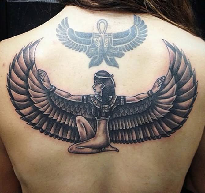 Amazing Grey Ink Egyptian Tattoos On Upper Back