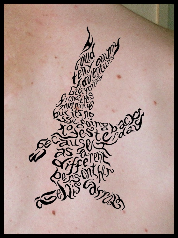 Amazing Literary Rabbit Tattoo On Right Back Shoulder