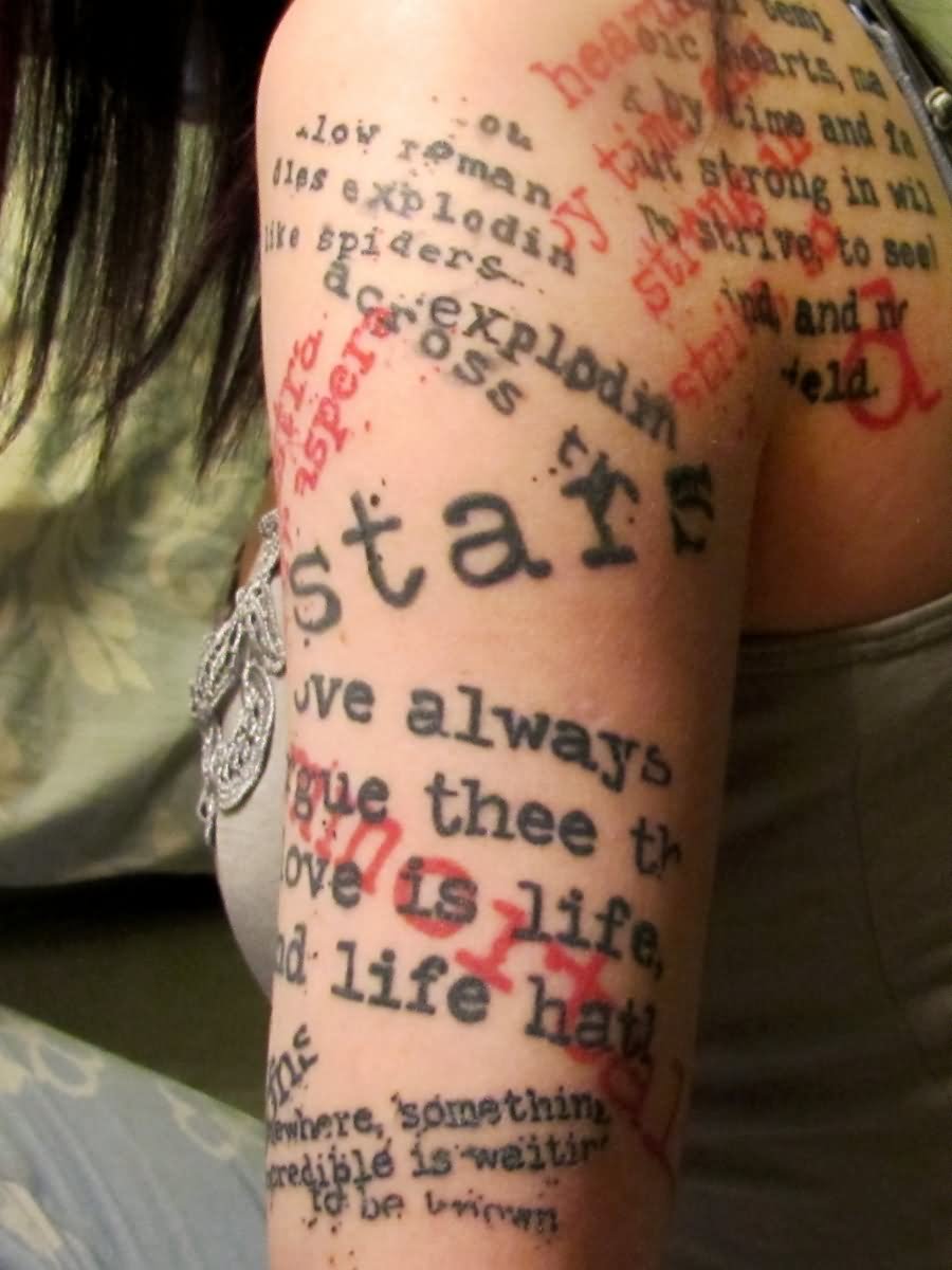 Amazing Literary Tattoo On Girl Left Half Sleeve