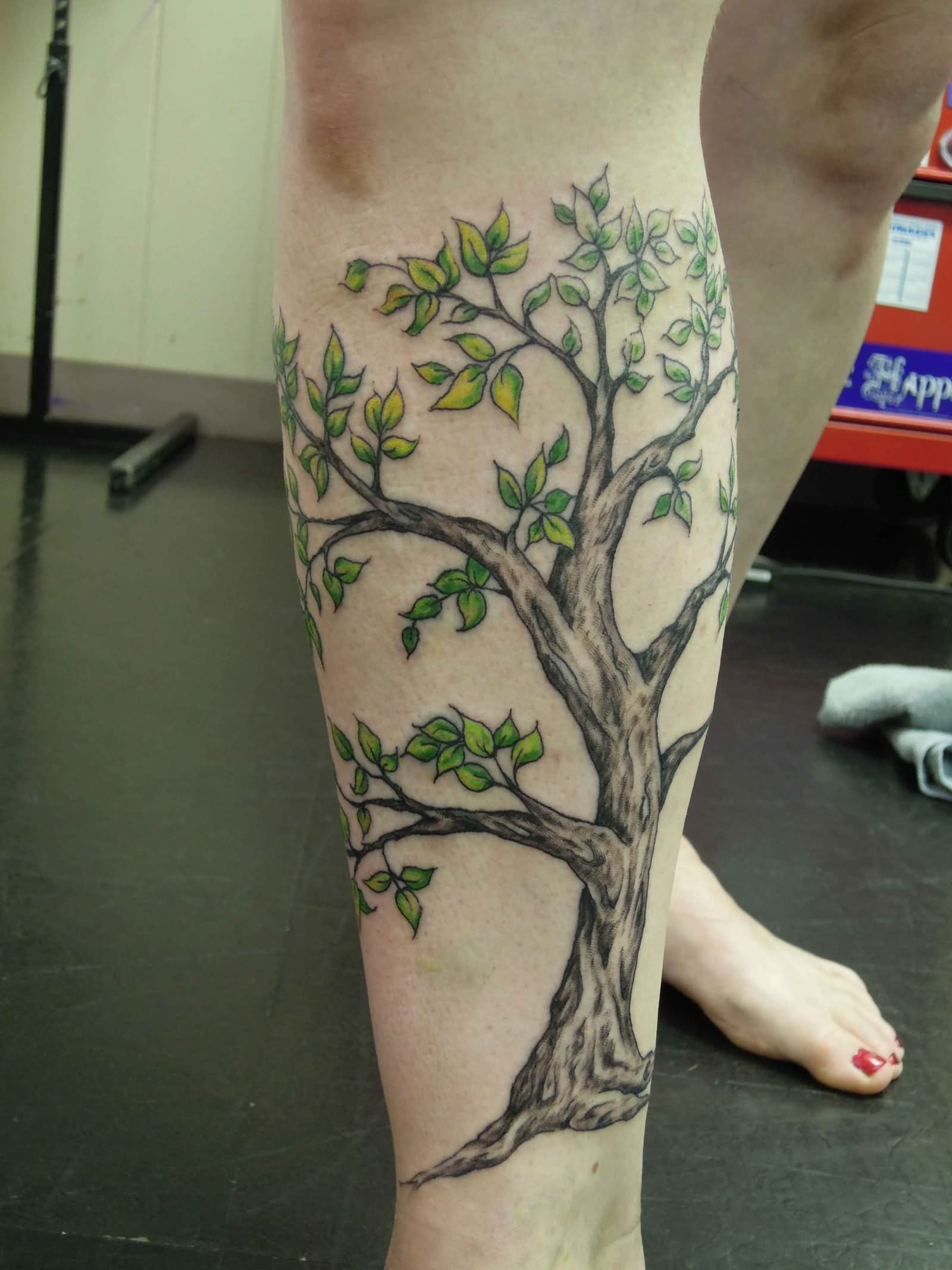 Amazing Tree Tattoo On Girl Right Leg