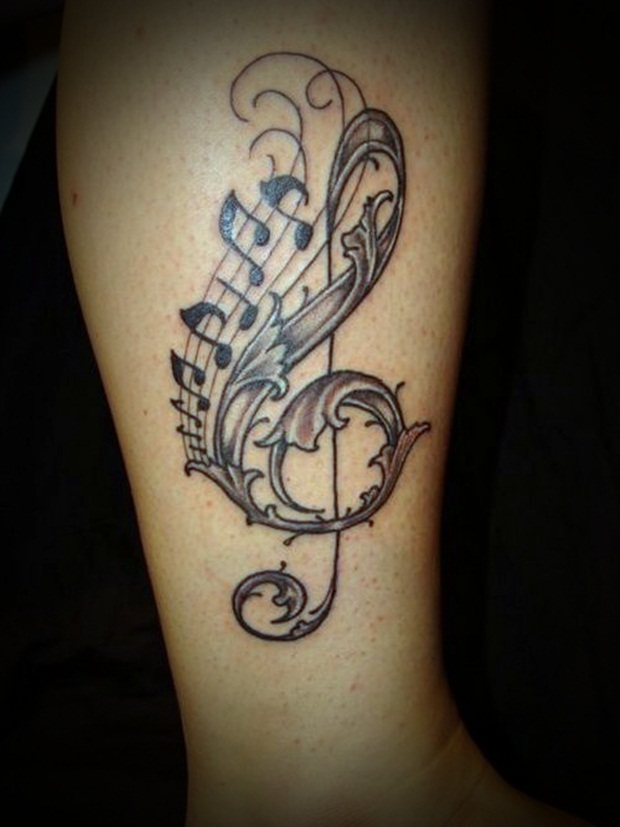 Amazing Violin Key With Music Knots Tattoo On Leg