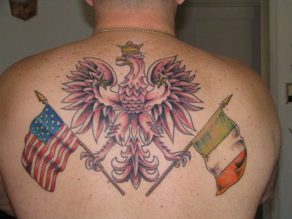 American Eagle With Us And Irish Flag Tattoos On Back
